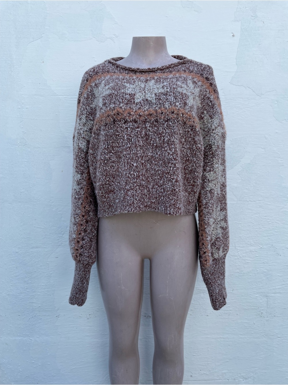 Free People Brown Marled Cropped Crewneck Sweater with Tan Stripe Detail